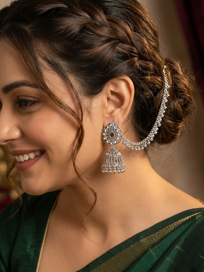 Oxidized Silver Teardrop Jhumka Earrings with Chain Cascade