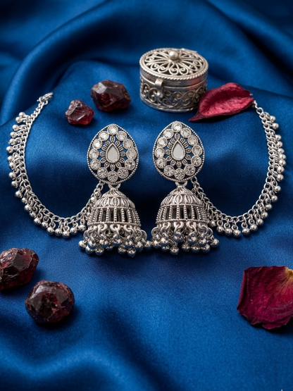 Oxidized Silver Teardrop Jhumka Earrings with Chain Cascade