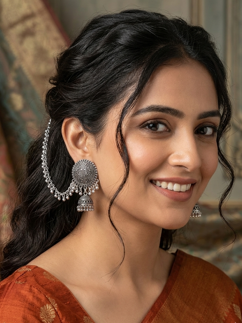 Oxidized Silver Mandala Jhumka Earrings with Cascading Chain Halo