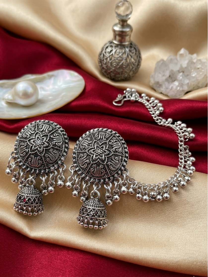 Oxidized Silver Mandala Jhumka Earrings with Cascading Chain Halo