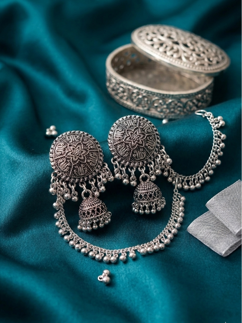 Oxidized Silver Mandala Jhumka Earrings with Cascading Chain Halo