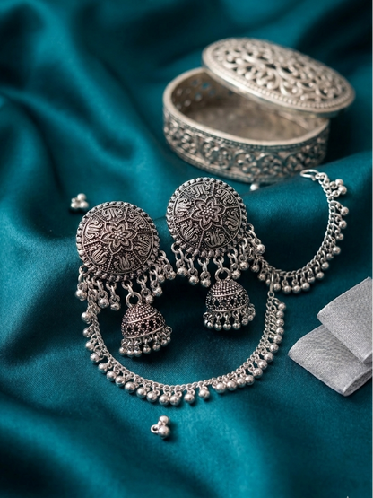 Oxidized Silver Mandala Jhumka Earrings with Cascading Chain Halo