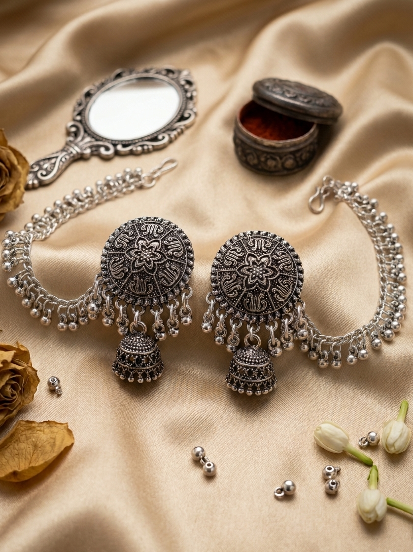 Oxidized Silver Mandala Jhumka Earrings with Cascading Chain Halo