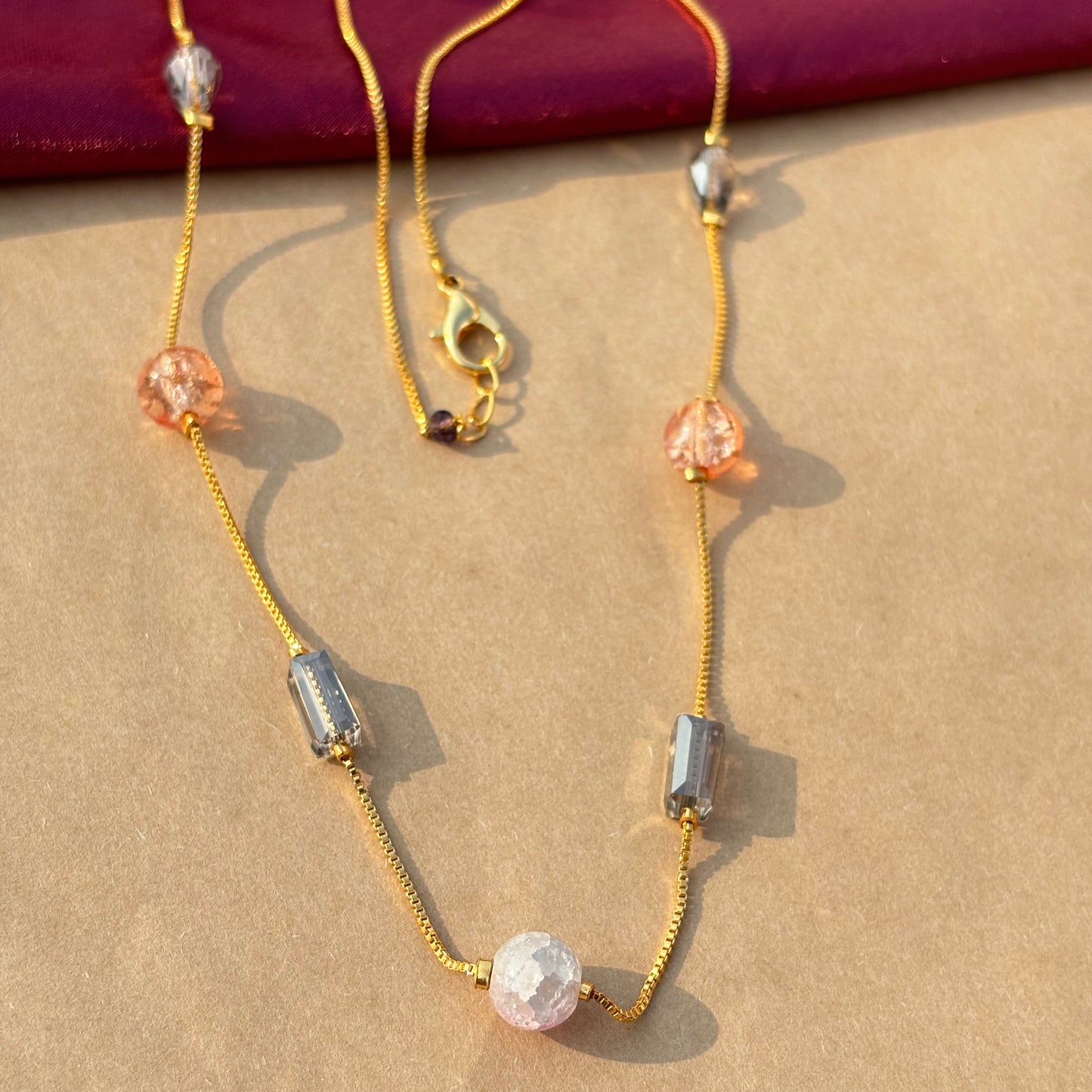 Peach & Grey Beaded Textured Gold Chain