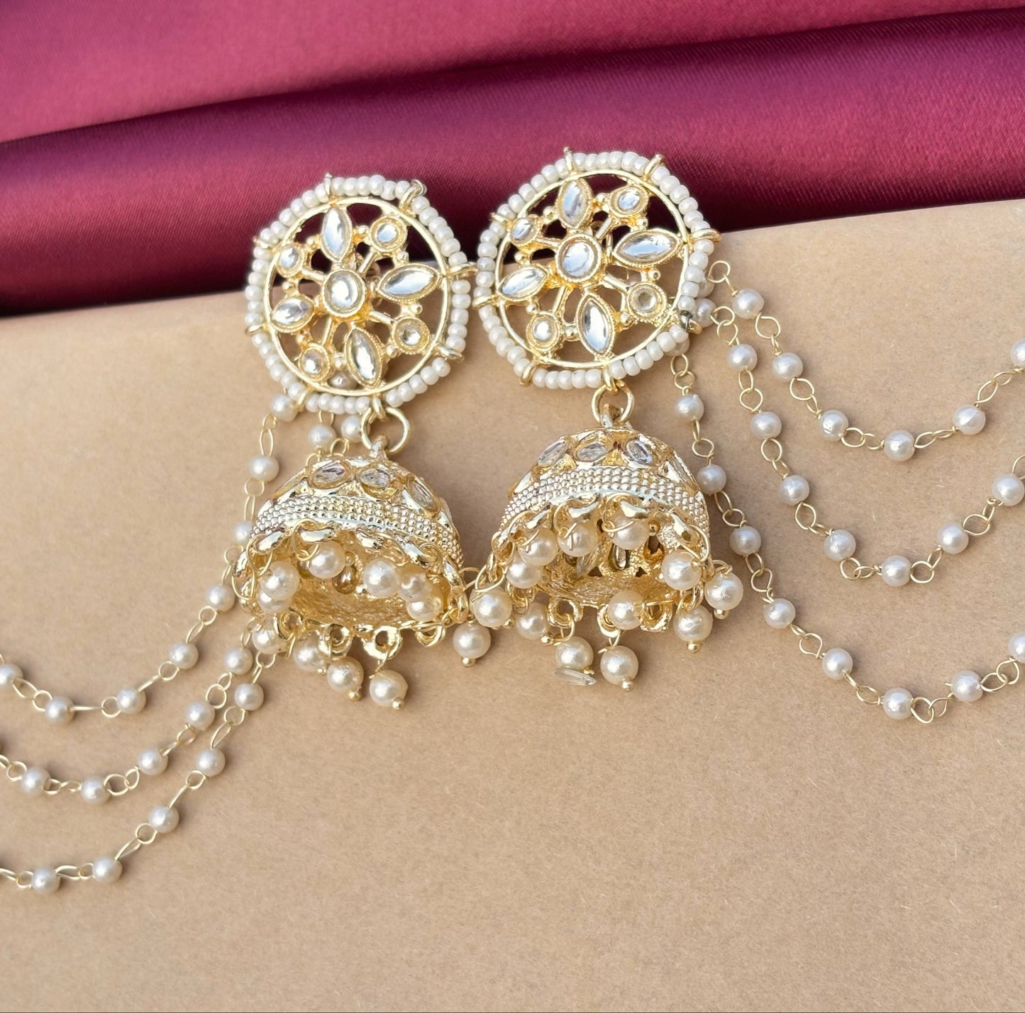 Golden Pearl Chandbali Earrings with Layered Chains