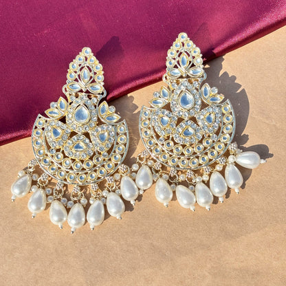 Royal Kundan Long Earrings with Pearl Drops