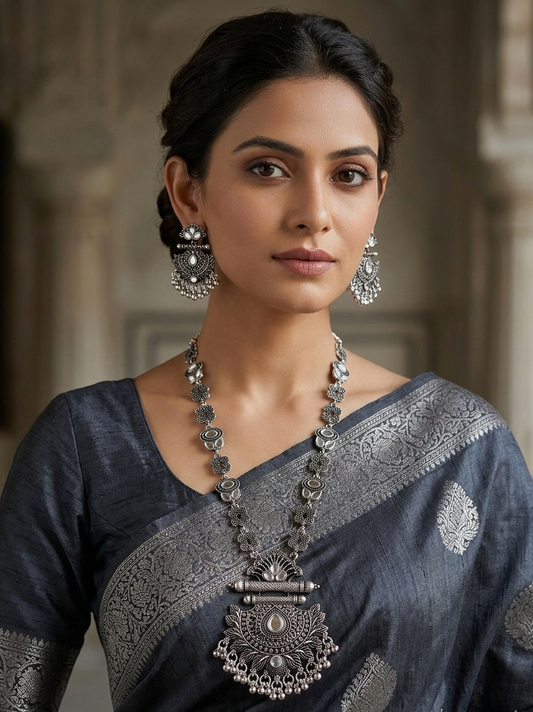Oxidized Silver Lotus Temple Necklace & Earrings Set with Pearl Accents