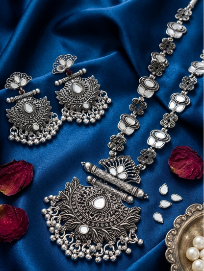 Oxidized Silver Lotus Temple Necklace & Earrings Set with Pearl Accents