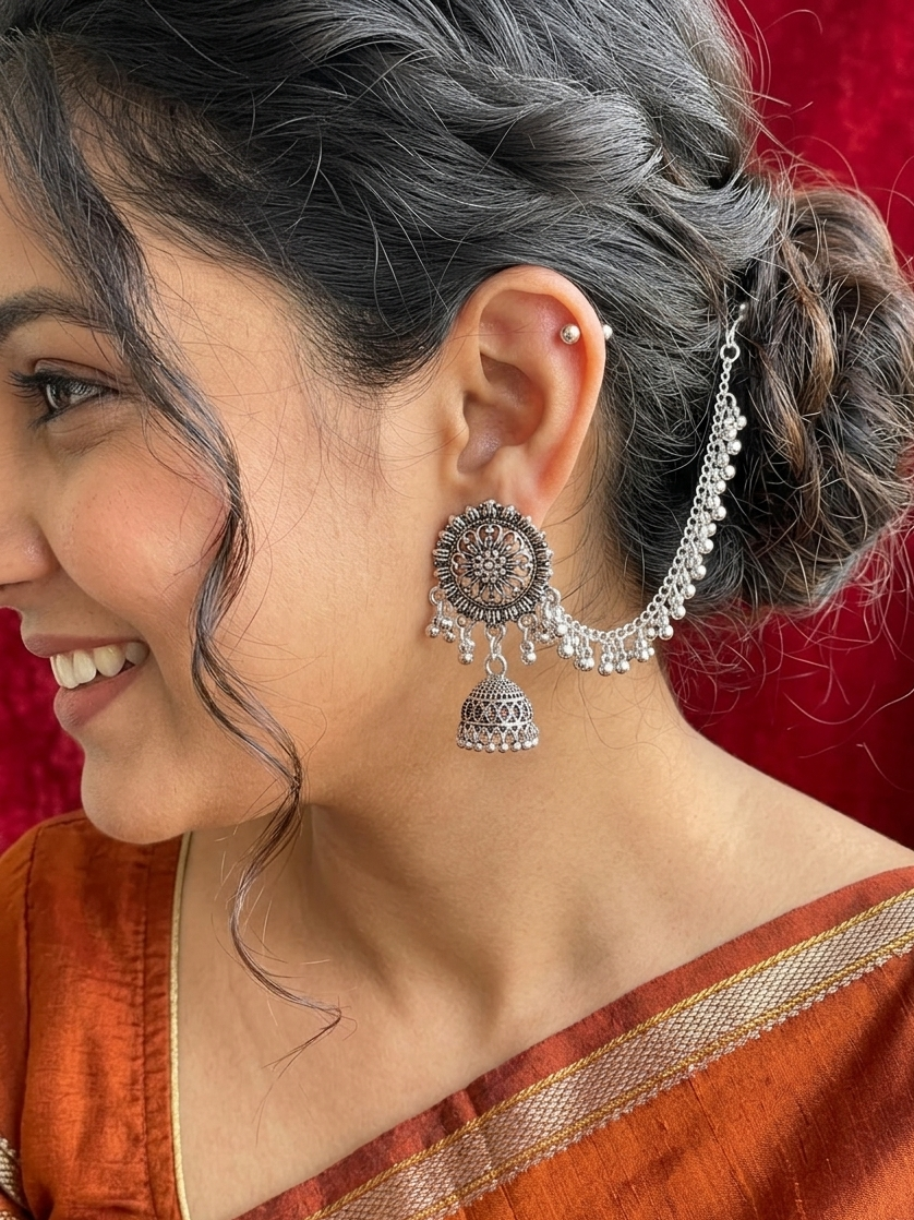 Oxidized Silver Temple Jhumka Earrings with Ruby Accents