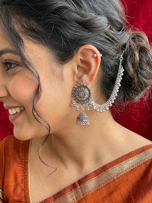 Oxidized Silver Temple Jhumka Earrings with Ruby Accents