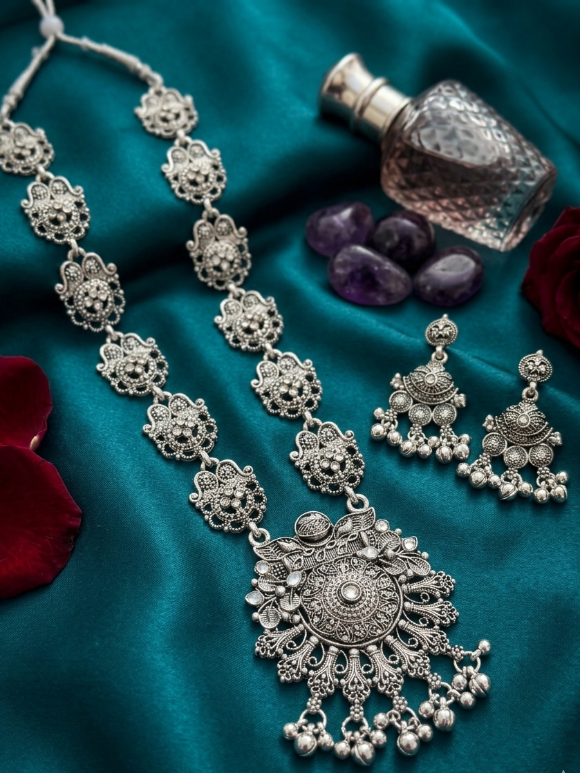 Oxidized Silver Temple Necklace & Earrings Set with Peacock Sun Pendant