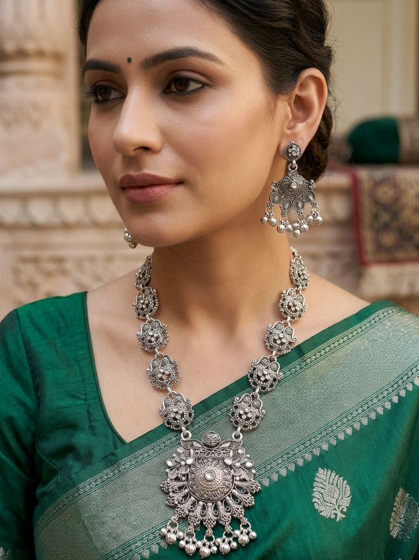 Oxidized Silver Temple Necklace & Earrings Set with Peacock Sun Pendant