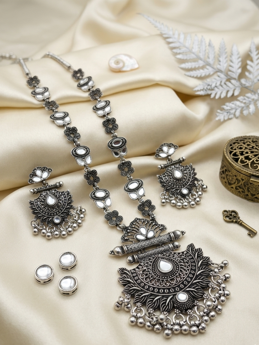 Oxidized Silver Lotus Temple Necklace & Earrings Set with Pearl Accents