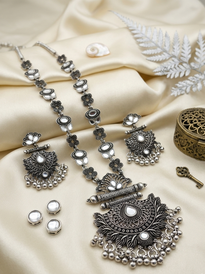 Oxidized Silver Lotus Temple Necklace & Earrings Set with Pearl Accents