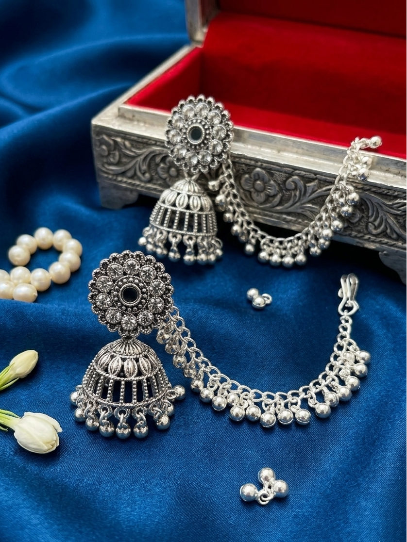 Oxidized Silver Floral Jhumka Earrings with Chain Cascade