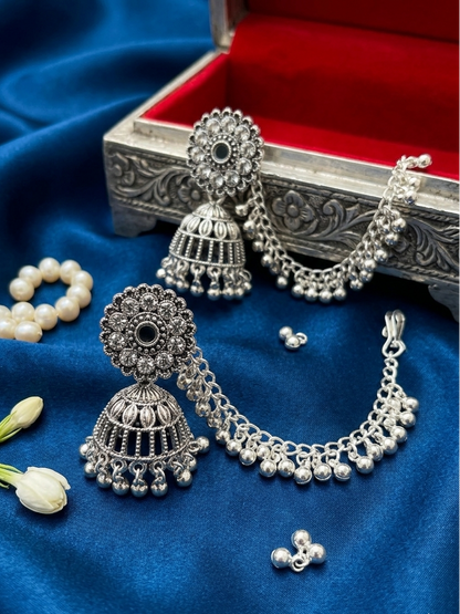 Oxidized Silver Floral Jhumka Earrings with Chain Cascade