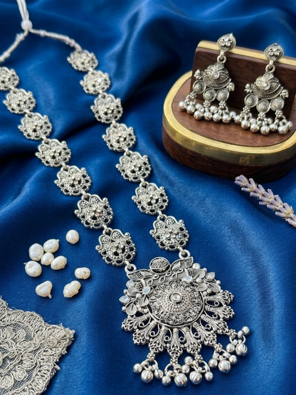 Oxidized Silver Temple Necklace & Earrings Set with Peacock Sun Pendant