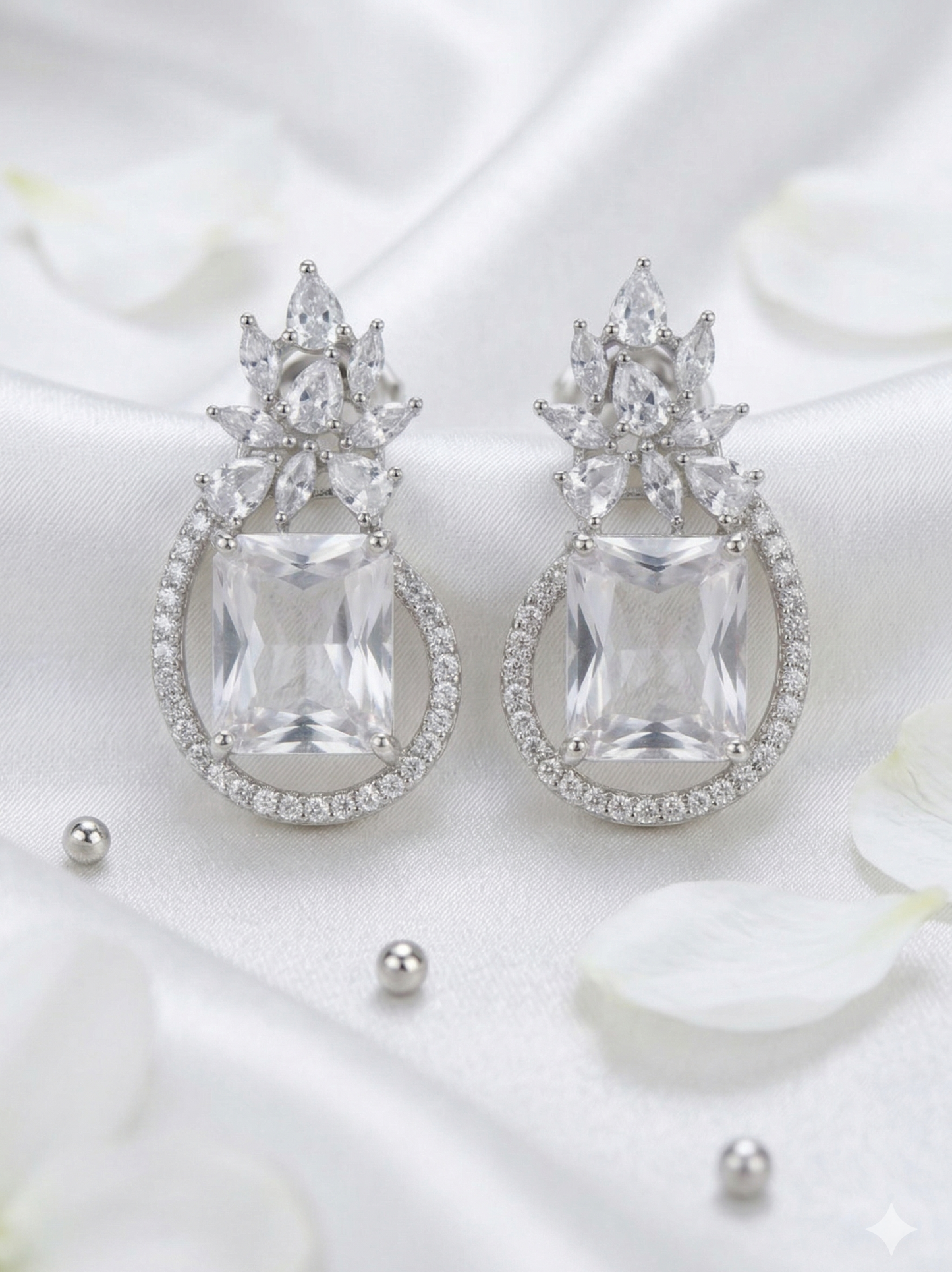 Crystal Crown Princess Earrings with Cushion Halo Drops