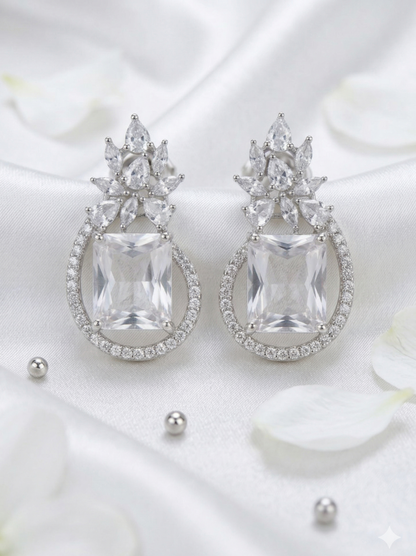 Crystal Crown Princess Earrings with Cushion Halo Drops