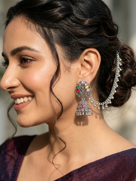 Navratan Peacock Jhumka Earrings with Silver Filigree Chains