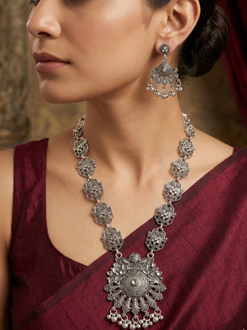 Oxidized Silver Temple Necklace & Earrings Set with Peacock Sun Pendant
