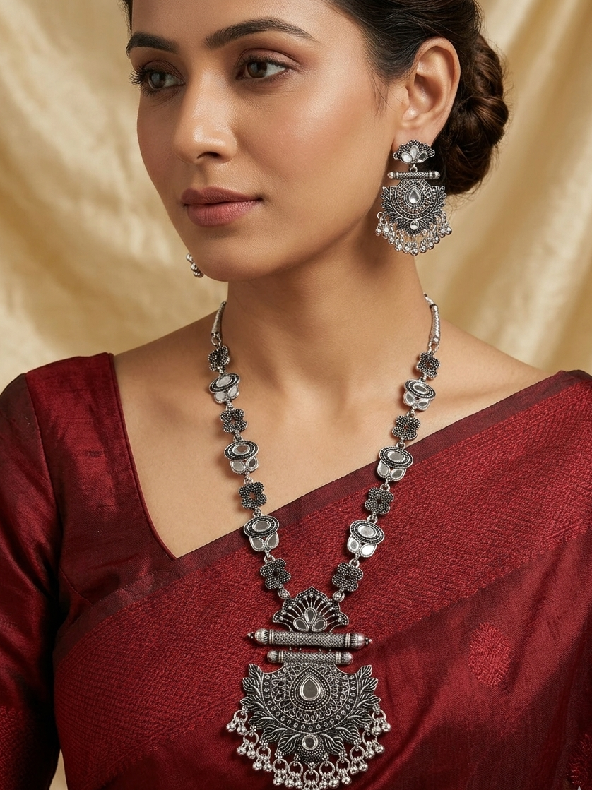 Oxidized Silver Lotus Temple Necklace & Earrings Set with Pearl Accents