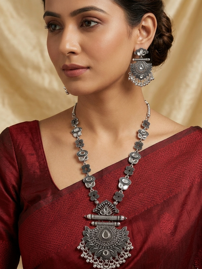 Oxidized Silver Lotus Temple Necklace & Earrings Set with Pearl Accents
