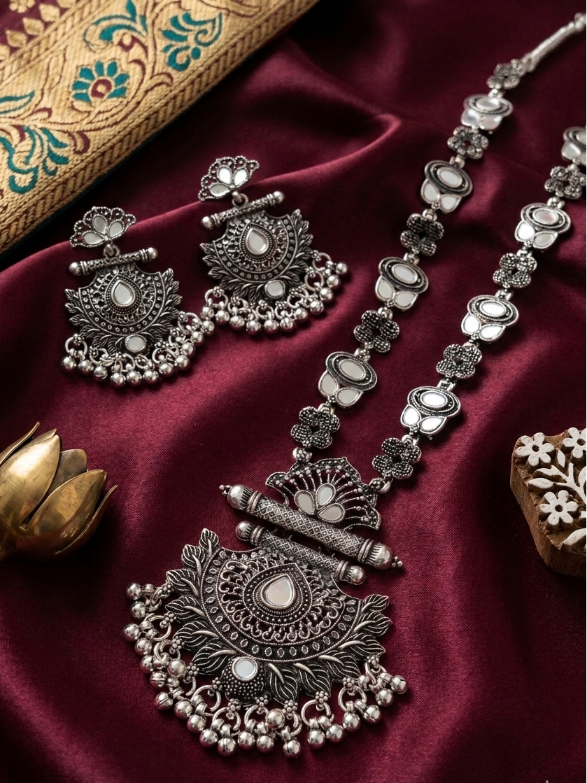 Oxidized Silver Lotus Temple Necklace & Earrings Set with Pearl Accents