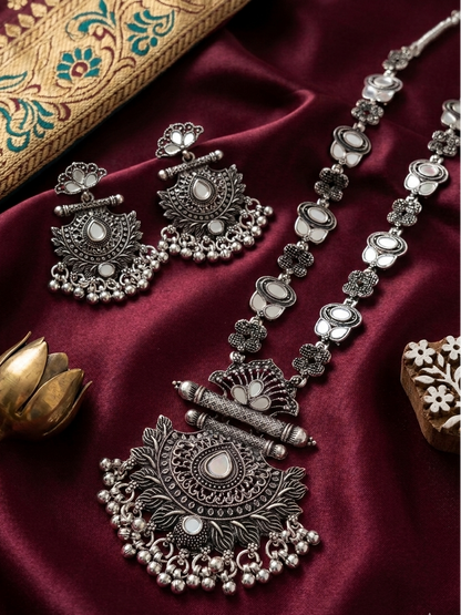 Oxidized Silver Lotus Temple Necklace & Earrings Set with Pearl Accents