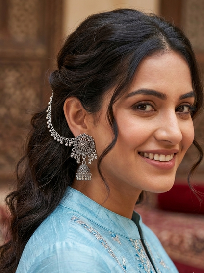 Oxidized Silver Temple Jhumka Earrings with Ruby Accents