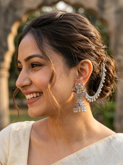 Navratan Peacock Jhumka Earrings with Silver Filigree Chains