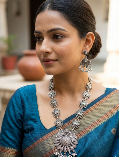 Oxidized Silver Temple Necklace & Earrings Set with Peacock Sun Pendant