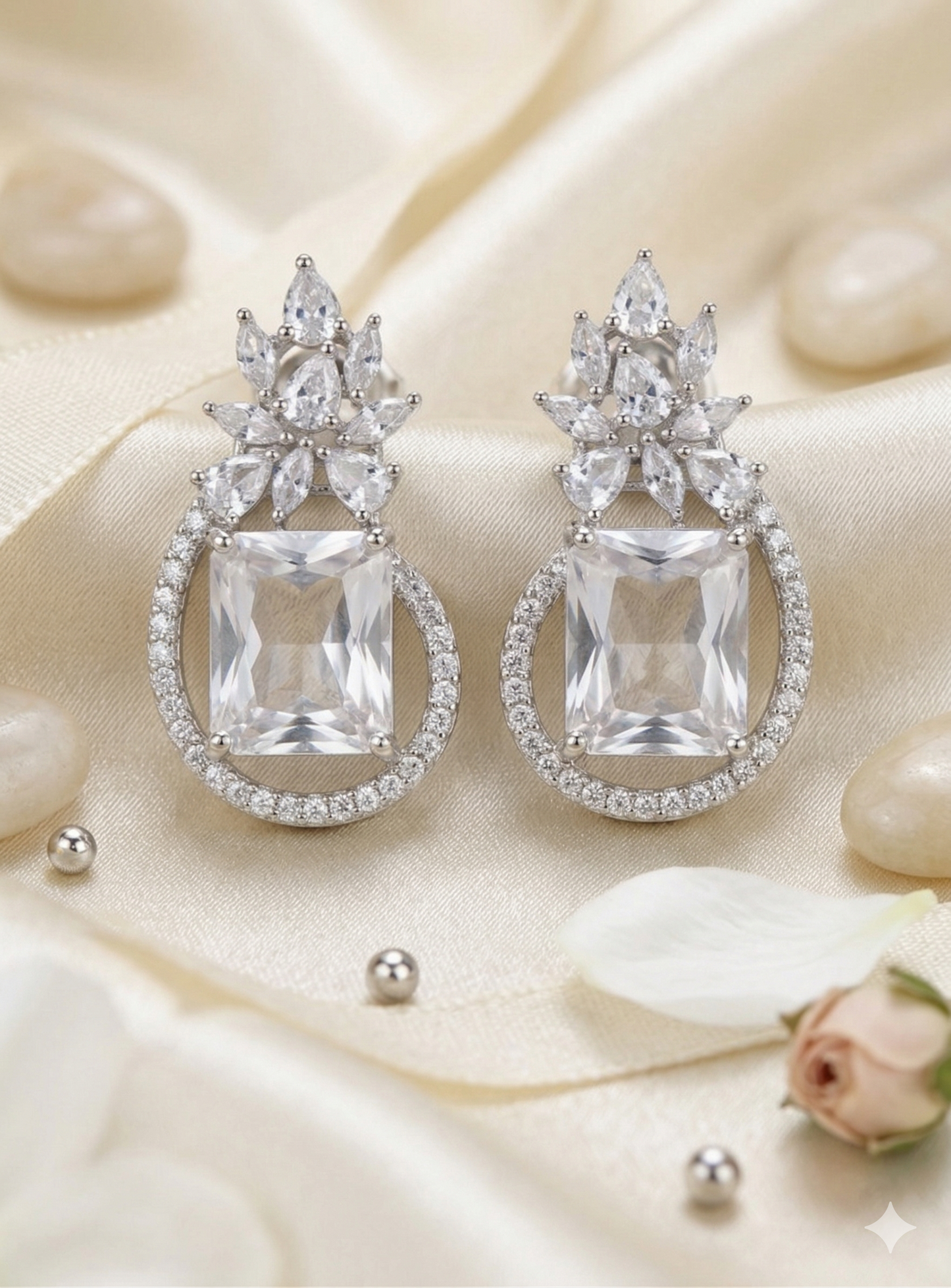 Crystal Crown Princess Earrings with Cushion Halo Drops