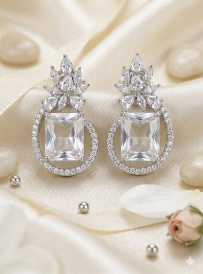 Crystal Crown Princess Earrings with Cushion Halo Drops