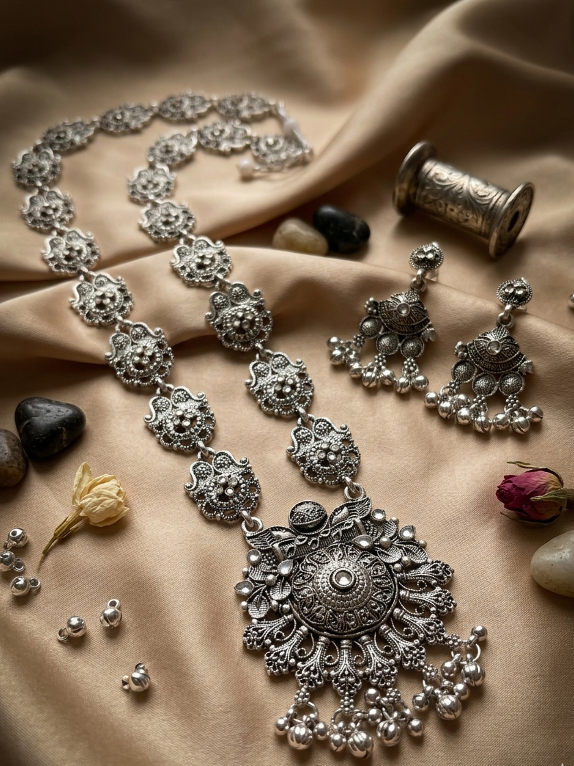 Oxidized Silver Temple Necklace & Earrings Set with Peacock Sun Pendant