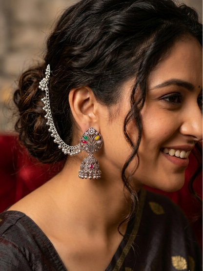 Navratan Peacock Jhumka Earrings with Silver Filigree Chains