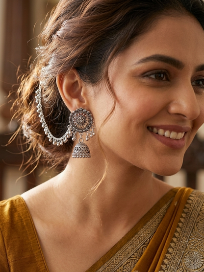 Oxidized Silver Temple Jhumka Earrings with Ruby Accents