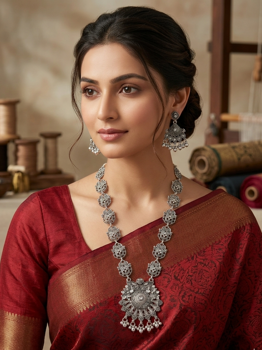 Oxidized Silver Temple Necklace & Earrings Set with Peacock Sun Pendant
