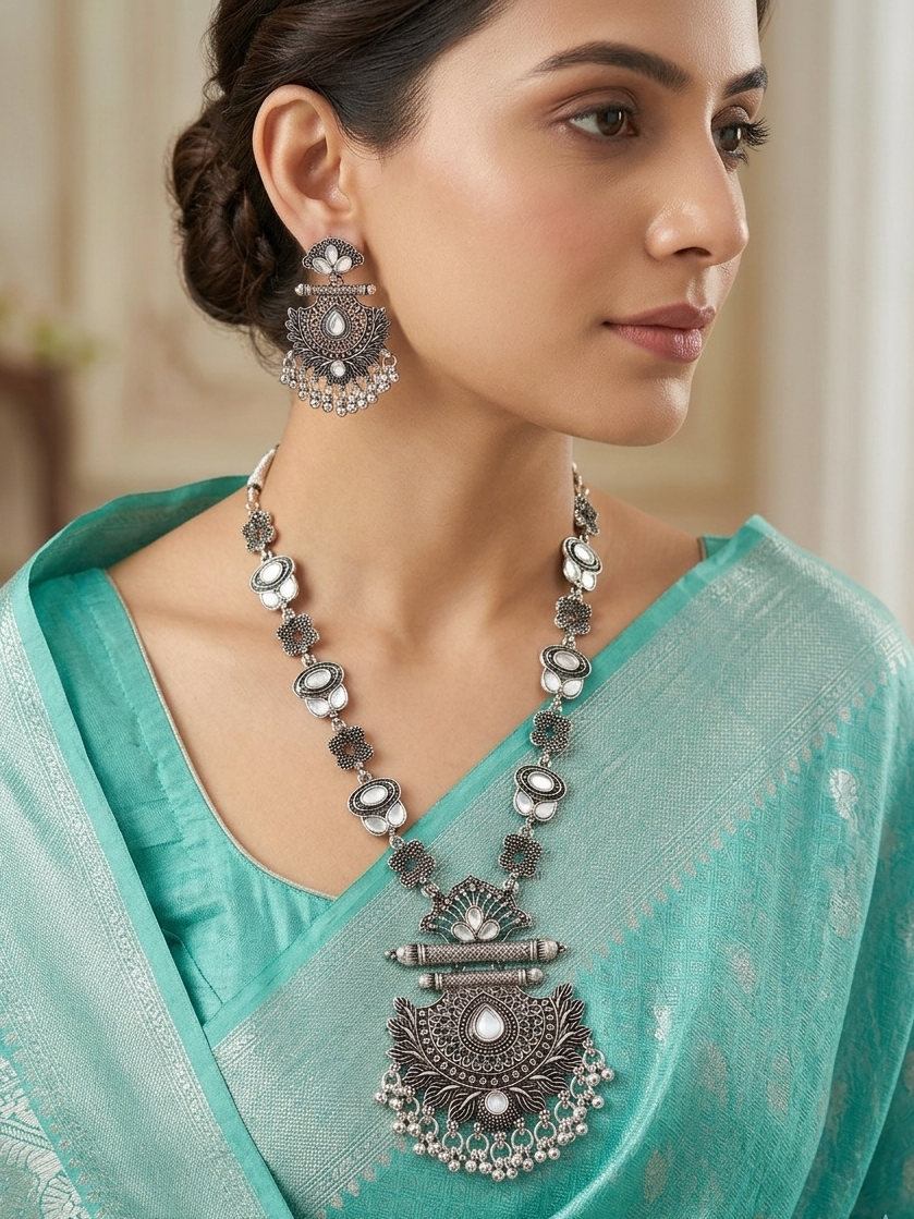Oxidized Silver Lotus Temple Necklace & Earrings Set with Pearl Accents