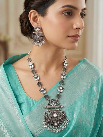 Oxidized Silver Lotus Temple Necklace & Earrings Set with Pearl Accents