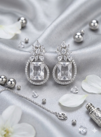 Crystal Crown Princess Earrings with Cushion Halo Drops