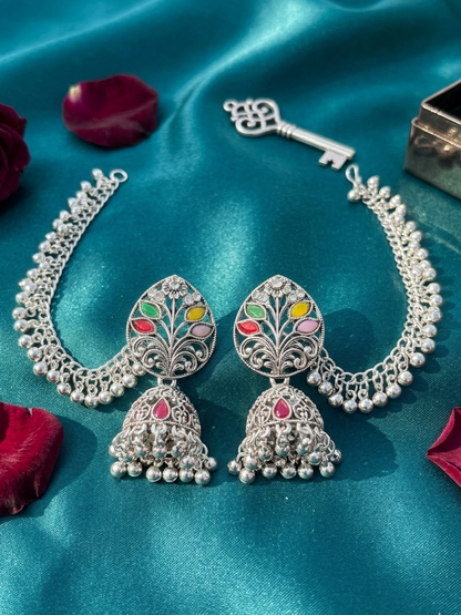 Navratan Peacock Jhumka Earrings with Silver Filigree Chains