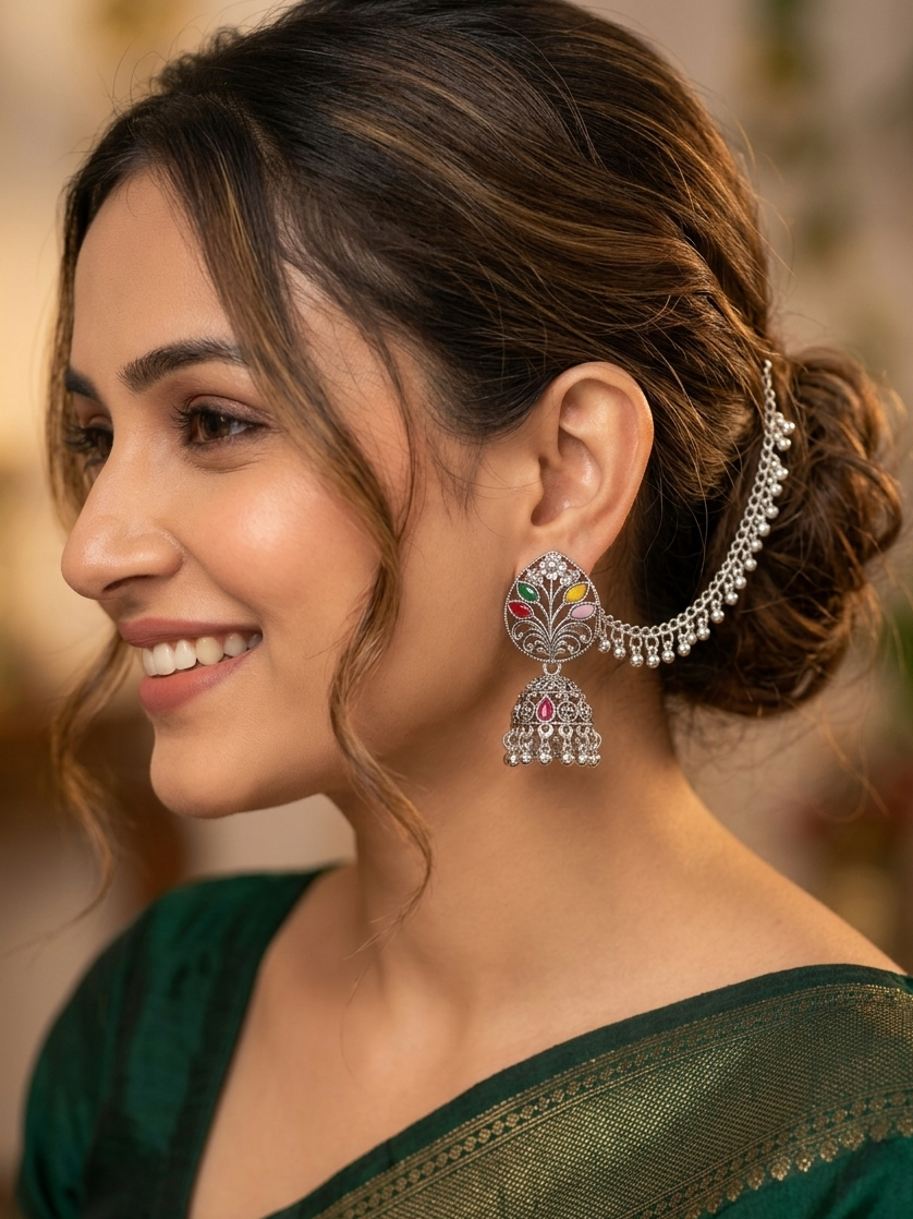 Navratan Peacock Jhumka Earrings with Silver Filigree Chains