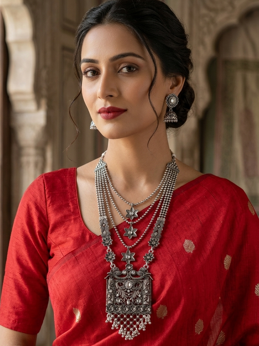 Oxidized Silver Peacock Temple Necklace & Jhumka Set with Pearl Multi-Strand