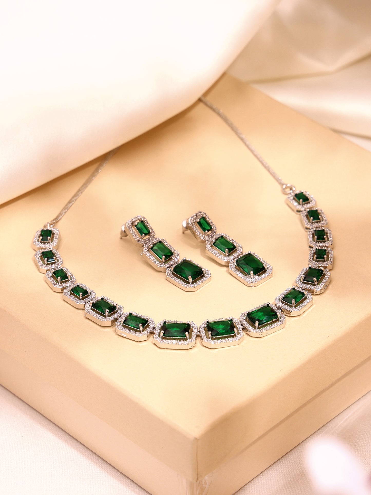 Emerald Green & White Cubic Zirconia Premium Jewellery Set