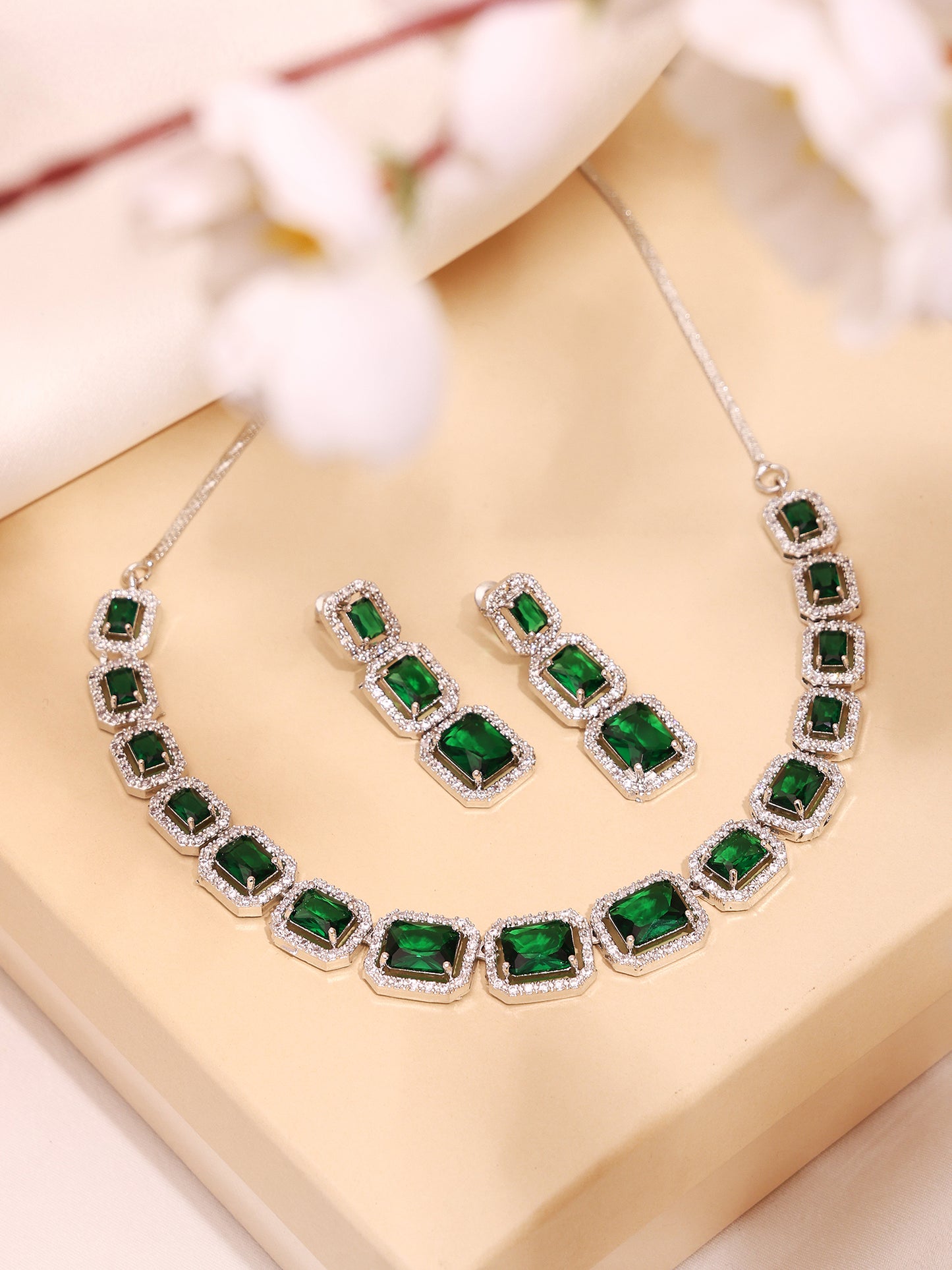 Emerald Green & White Cubic Zirconia Premium Jewellery Set
