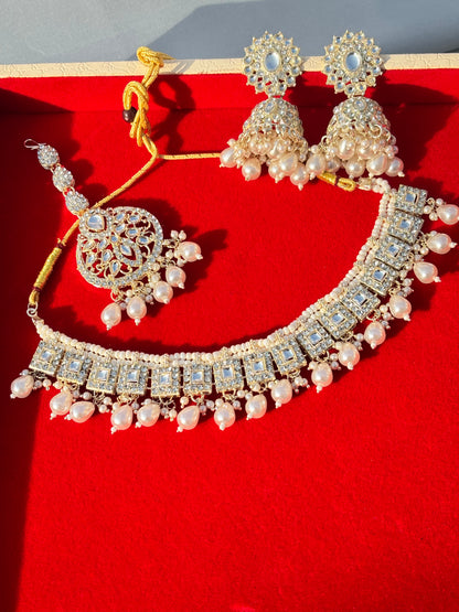 Regal Pearl & Kundan Square-Cut Bridal Jewellery Set