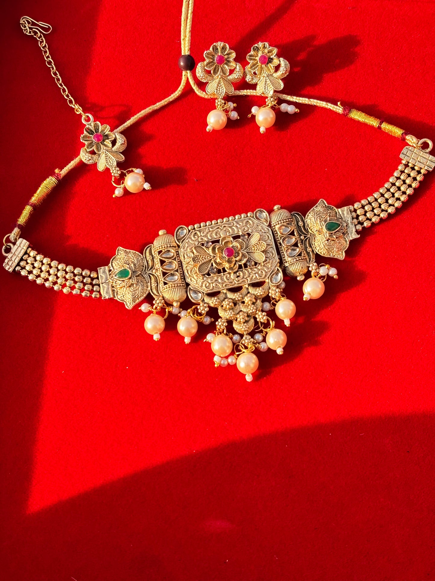 Antique Gold Temple Jewellery Set with Pearl Drops & Floral Motifs