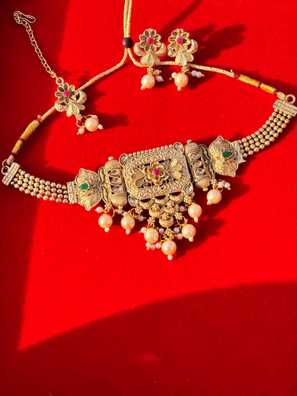 Antique Gold Temple Jewellery Set with Pearl Drops & Floral Motifs