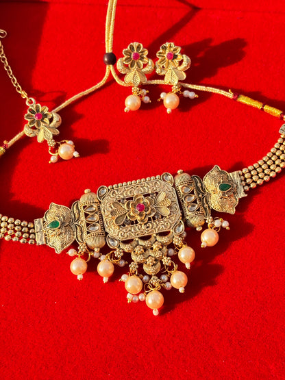 Antique Gold Temple Jewellery Set with Pearl Drops & Floral Motifs